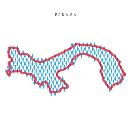Panama population map. Stick figures Panamanian people map with bold red translucent country border. Pattern of men and women icons. Isolated vector illustration. Editable stroke.のイラスト素材