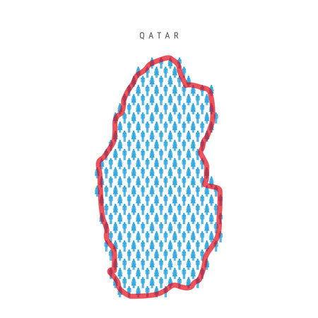 Qatar population map. Stick figures Qatari people map with bold red translucent country border. Pattern of men and women icons. Isolated vector illustration. Editable stroke.のイラスト素材