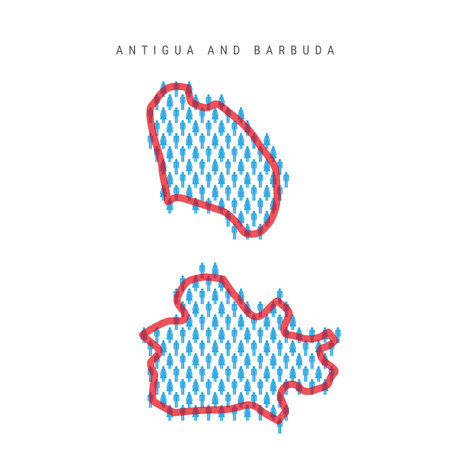 Antigua and Barbuda population map. Stick figures Antiguan Barbudan people map with bold red translucent country border. Pattern of men and women icons. Isolated vector illustration. Editable stroke.のイラスト素材