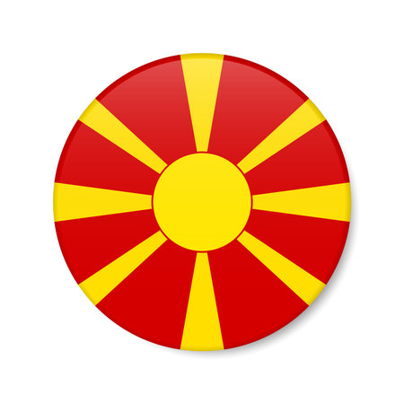 Macedonia circle button icon. Macedonian round badge flag with shadow. 3D realistic vector illustration isolated on white.のイラスト素材