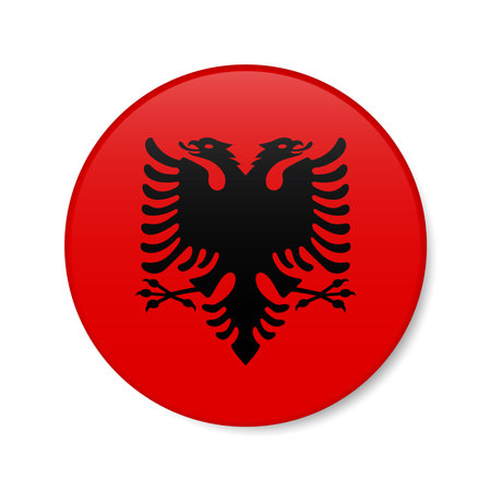 Albania circle button icon. Albanian round badge flag with shadow. 3D realistic vector illustration isolated on white.のイラスト素材