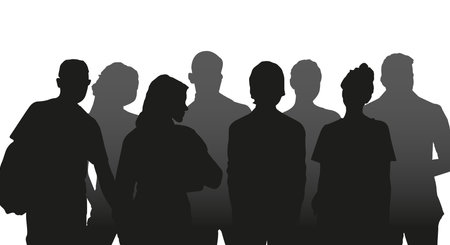 Girls and boys in two layers. Black front, gray back. Diverse people group silhouette. Flat vector illustration isolated on background.のイラスト素材