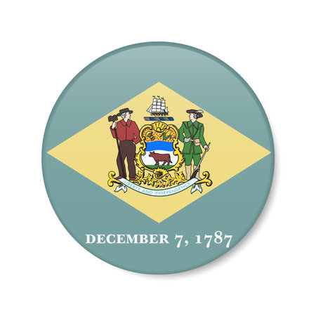 Delaware flag circle button icon, US state round badge with shadow. 3D realistic vector illustration isolated on white.のイラスト素材