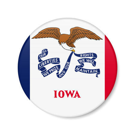 Iowa flag circle button icon, US state round badge with shadow. 3D realistic vector illustration isolated on white.のイラスト素材