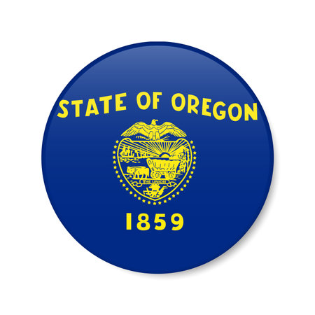 Oregon flag circle button icon, US state round badge with shadow. 3D realistic vector illustration isolated on white.のイラスト素材