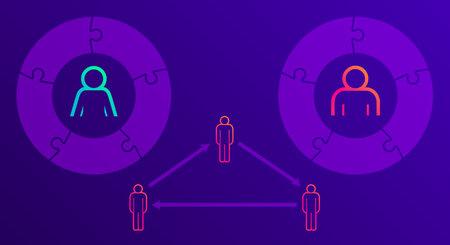 Puzzle pie diagrams. Modern people infographics. Flat vector illustration isolated on violet background.のイラスト素材