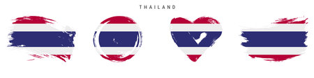 Thailand hand drawn grunge style flag icon set. Thai banner in official colors. Free brush stroke shape, circle and heart-shaped. Flat vector illustration isolated on white.のイラスト素材