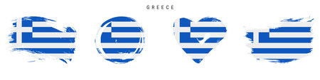 Greece hand drawn grunge style flag icon set. Greek banner in official colors. Free brush stroke shape, circle and heart-shaped. Flat vector illustration isolated on white.のイラスト素材