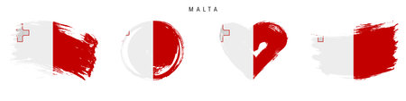 Malta hand drawn grunge style flag icon set. Maltese banner in official colors. Free brush stroke shape, circle and heart-shaped. Flat vector illustration isolated on white.のイラスト素材