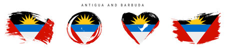 Antigua and Barbuda hand drawn grunge style flag icon set. Antiguan Barbudan banner in official colors. Free brush stroke shape, circle and heart-shaped. Flat vector illustration isolated on white.のイラスト素材