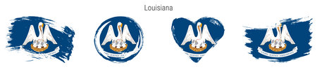 Louisiana hand drawn grunge style flag icon set. US state banner in official colors. Free brush stroke shape, circle and heart-shaped. Flat vector illustration isolated on white.のイラスト素材