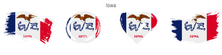 Iowa hand drawn grunge style flag icon set. US state banner in official colors. Free brush stroke shape, circle and heart-shaped. Flat vector illustration isolated on white.のイラスト素材