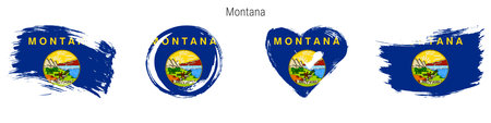 Montana hand drawn grunge style flag icon set. US state banner in official colors. Free brush stroke shape, circle and heart-shaped. Flat vector illustration isolated on white.のイラスト素材
