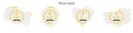 Rhode Island hand drawn grunge style flag icon set. US state banner in official colors. Free brush stroke shape, circle and heart-shaped. Flat vector illustration isolated on white.のイラスト素材