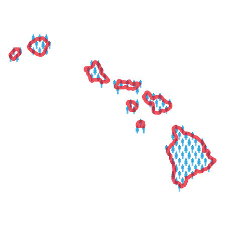 Hawaii population map. Stick figures people map with bold red translucent state border. Pattern of men and women icons. Isolated vector illustration. Editable stroke.のイラスト素材