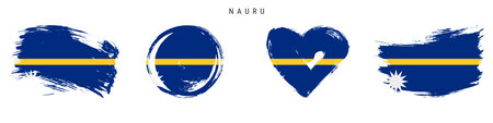 Nauru hand drawn grunge style flag icon set. Nauruan banner in official colors. Free brush stroke shape, circle and heart-shaped. Flat vector illustration isolated on white.のイラスト素材