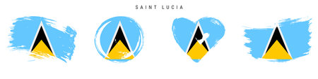 Saint Lucia hand drawn grunge style flag icon set. Saint Lucian banner in official colors. Free brush stroke shape, circle and heart-shaped. Flat vector illustration isolated on white.のイラスト素材