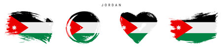 Jordan hand drawn grunge style flag icon set. Hashemite Kingdom of Jordan banner in official colors. Free brush stroke shape, circle and heart-shaped. Flat vector illustration isolated on white.のイラスト素材