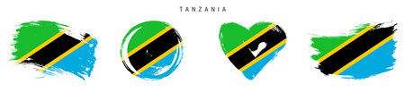 Tanzania hand drawn grunge style flag icon set. Tanzanian banner in official colors. Free brush stroke shape, circle and heart-shaped. Flat vector illustration isolated on white.のイラスト素材