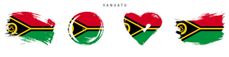Vanuatu hand drawn grunge style flag icon set. Vanuatuan banner in official colors. Free brush stroke shape, circle and heart-shaped. Flat vector illustration isolated on white.のイラスト素材