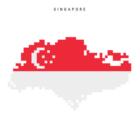 Singapore pixel flag map icon. 8 bit pixel art Singaporean map covered with flag. Flat vector illustration isolated on white background.のイラスト素材