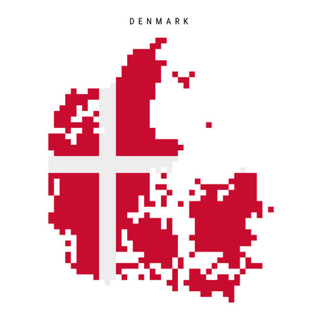 Denmark pixel flag map icon. 8 bit pixel art Danish map covered with flag. Flat vector illustration isolated on white background.のイラスト素材
