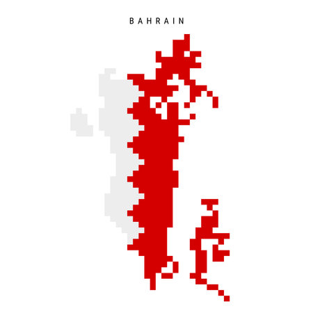Bahrain pixel flag map icon. 8 bit pixel art Bahraini map covered with flag. Flat vector illustration isolated on white background.のイラスト素材