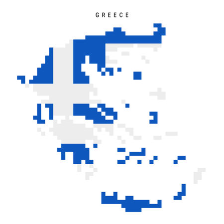 Greece pixel flag map icon. 8 bit pixel art Greek map covered with flag. Flat vector illustration isolated on white background.のイラスト素材