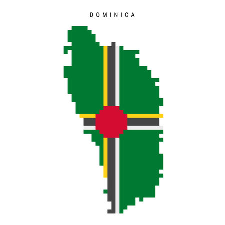 Dominica pixel flag map icon. 8 bit pixel art Dominican map covered with flag. Flat vector illustration isolated on white background.のイラスト素材