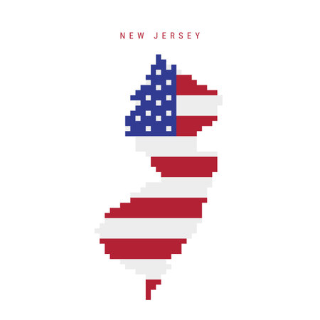 New Jersey pixel flag map icon. 8 bit pixel art map covered with american flag. Flat vector illustration isolated on white background.のイラスト素材