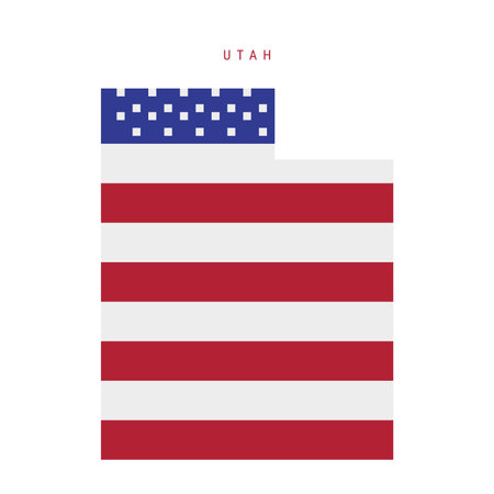 Utah pixel flag map icon. 8 bit pixel art map covered with american flag. Flat vector illustration isolated on white background.のイラスト素材