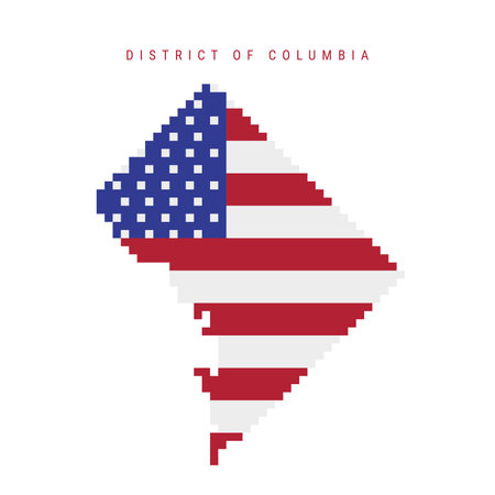 District of Columbia pixel flag map icon. 8 bit pixel art map covered with american flag. Flat vector illustration isolated on white background.のイラスト素材