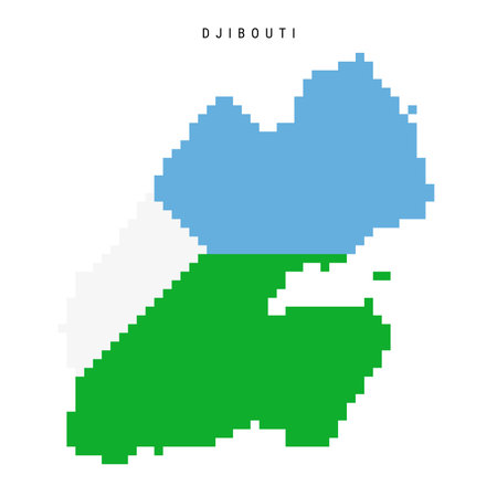 Djibouti pixel flag map icon. 8 bit pixel art Djiboutian map covered with flag. Flat vector illustration isolated on white background.のイラスト素材