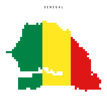 Senegal pixel flag map icon. 8 bit pixel art Senegalese map covered with flag. Flat vector illustration isolated on white background.のイラスト素材