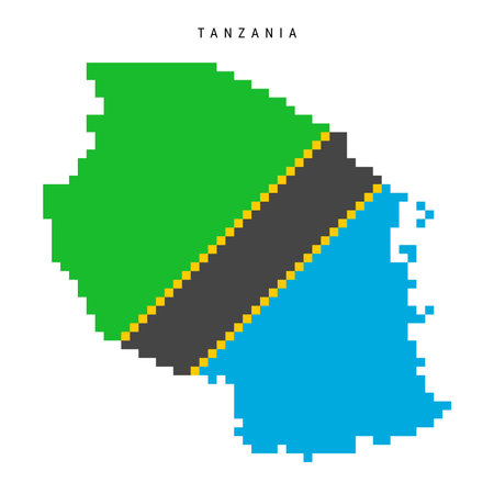 Tanzania pixel flag map icon. 8 bit pixel art Tanzanian map covered with flag. Flat vector illustration isolated on white background.のイラスト素材
