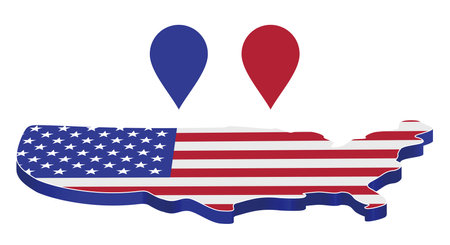 A lying 3D map of the United States with blue and red place markers, a metaphor for votes for Democrats and Republicans. Vector illustration isolated on white background.のイラスト素材