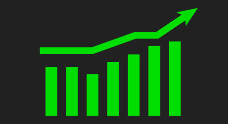 Green ascending chart. Rising graph arrow up. Flat vector illustration isolated on white background.のイラスト素材