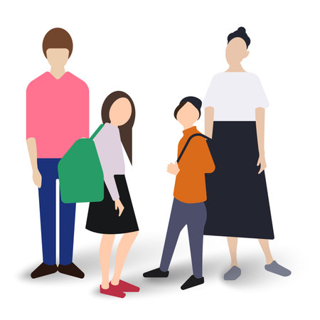 Young family. Parents with two children. Two adults and a schoolboy and a schoolgirl with backpacks. Flat vector illustration isolated on white background.のイラスト素材