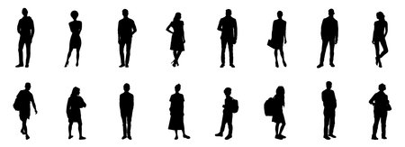 Silhouettes of people. 16 different ones. Sixteen different characters, adults, teenagers, children and old people, standing at full height. Flat vector illustration isolated on white background.のイラスト素材