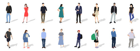 Sixteen different characters, adults, teenagers, children and old people, standing at full height. White caucasian people. City dwellers. Flat vector illustration isolated on white background.のイラスト素材