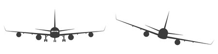 Commercial airplane, front and rear views. The plane is flying. Flat vector illustration isolated on white background.のイラスト素材