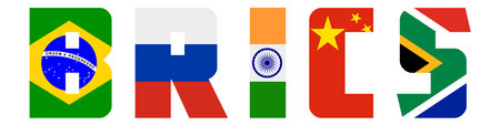 Letters with flags of BRICS member countries. Flat vector illustration isolated on white background.のイラスト素材