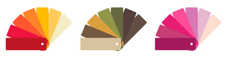 Color fans. Sample fan card set. Shades of red and yellow, protective khaki colors, shades of purple and pink. Flat vector illustration isolated on white background.のイラスト素材