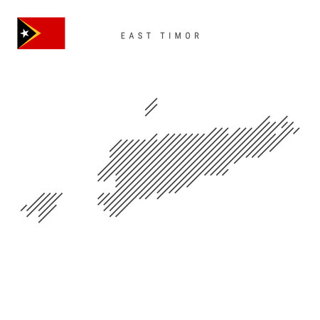 East Timor map from pattern of black slanted parallel lines. Timor-Leste map with gray diagonal lines. Silhouette of a country made of oblique hatching. Vector illustration isolated on white.のイラスト素材