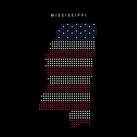 Mississippi US state dot pixel map in the colors of the American flag. Flat vector illustration isolated on black background.のイラスト素材