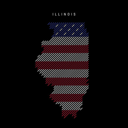 Illinois US state hatched silhouette map of slanted parallel lines pattern in the colors of the American flag, textured stylized map. Vector illustration isolated on black.のイラスト素材