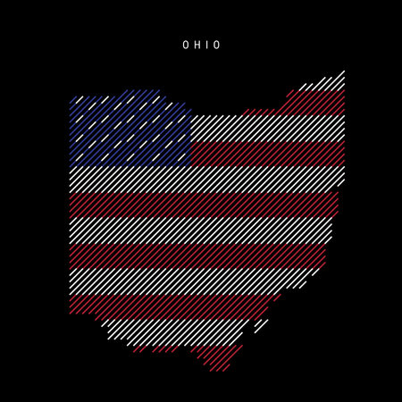 Ohio US state hatched silhouette map of slanted parallel lines pattern in the colors of the American flag, textured stylized map. Vector illustration isolated on black.のイラスト素材