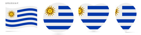 Uruguay waving flag, round circle sticker badge, heart shaped icon, map pin. Uruguayan flag buttons of different shapes. Vector illustration isolated on white.のイラスト素材