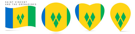 Saint Vincent and the Grenadines waving flag, round circle sticker badge, heart shaped icon, map pin. Vincentian flag buttons of different shapes. Vector illustration isolated on white.のイラスト素材