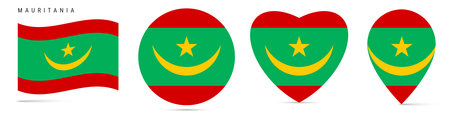 Mauritania waving flag, round circle sticker badge, heart shaped icon, map pin. Mauritanian flag buttons of different shapes. Vector illustration isolated on white.のイラスト素材